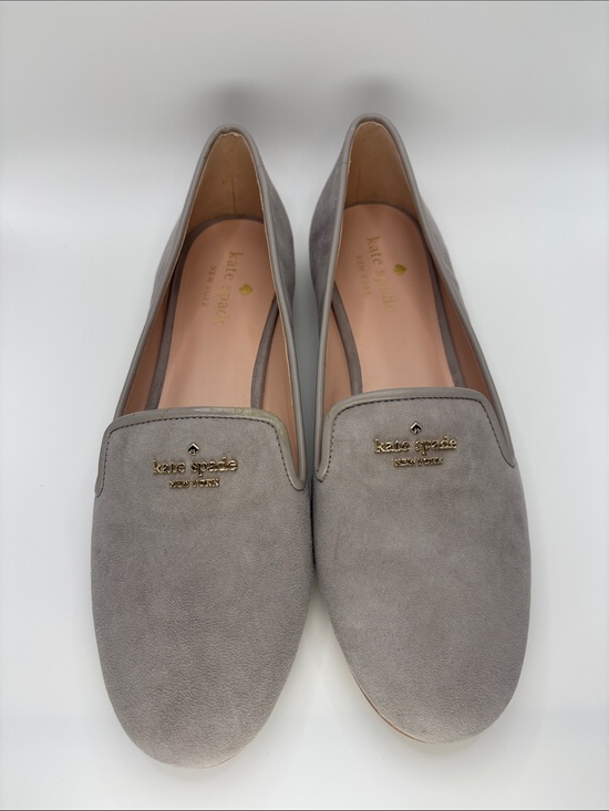 kate spade Shoes - kate spade Gray Suede Slip-On Loafers with Gold Logo